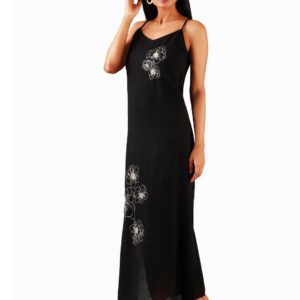 Khadi Cotton Maya Black Embroidered Cotton Slip Dress with Slit Handwoven-Rs3500-Size-S-M-L