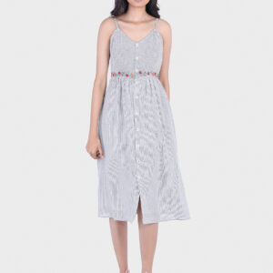 Madhu Blue Khadi Pinstripe Sun Dress with Floral Embroidery-Rs4500-Size-S-M-L